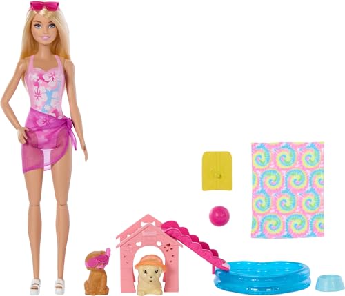 Barbie Coffret Piscine des Chiots JBF35 : Niche, Toboggan et Piscine en Forme de Cœur pour Enfants Enthousiastes
