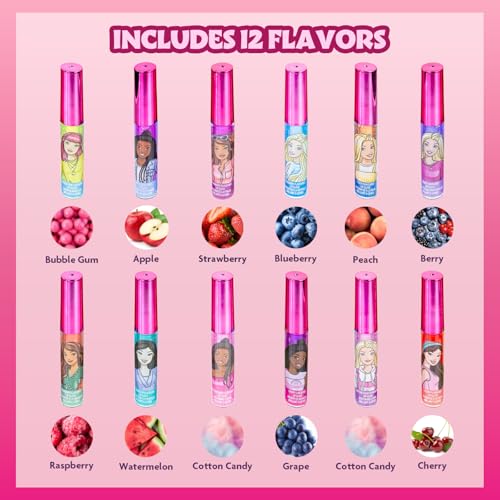 Barbie 12 pièces à base de plantes Gloss à lèvres pour filles, parfaites pour les fêtes et les cadeaux d'anniversaire, c