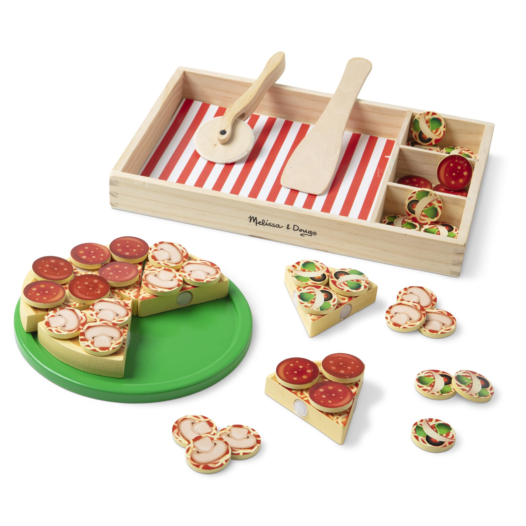 Melissa & Doug - Jeu de Pizza En Bois 63 Pièces - Cadeau Enfant 3 Ans Et + | Jouet D'Apprentissage | Jeu Imitation | Jou