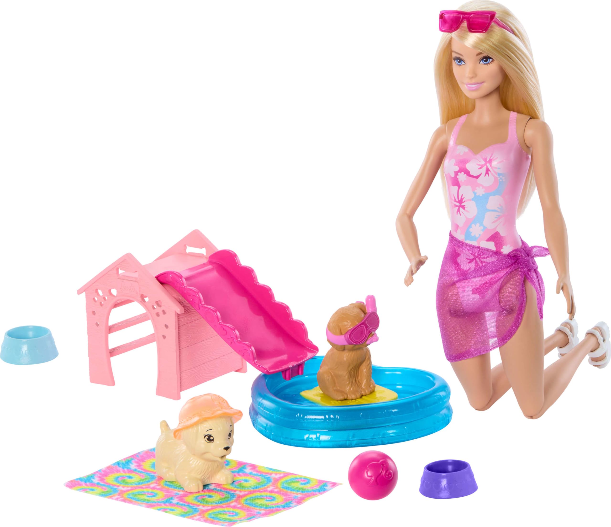 Barbie Coffret Piscine des Chiots JBF35 : Niche, Toboggan et Piscine en Forme de Cœur pour Enfants Enthousiastes